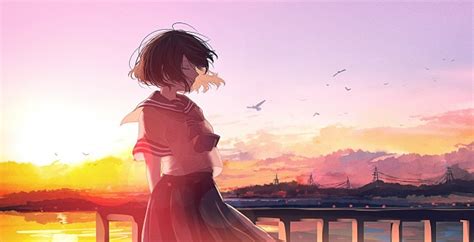 Wallpaper Anime Girl Sunset Sky School Uniform Short