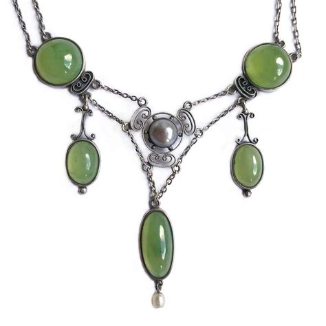 Art Nouveau Silver Bowenite And Pearl Necklace Attributed To Marius
