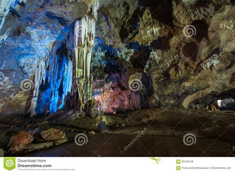 Stalactite In Cave Interior With Color Light At Khao Bin Cave Stock