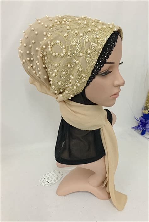 Muslim Beaded Inner Hijab Cap Islamic Crossover Scarf Shawls Turban