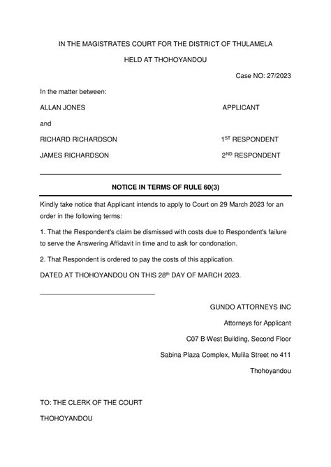 Notice Of Application In Terms Of Rule 60 In The Magistrates Court For The District Of