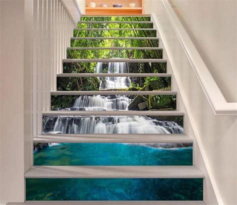 3d Forest Flowing Waterfall 815 Stair Risers Aj Wallpaper Stairs