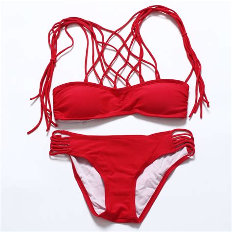 Red Strappy Halter Bikini Set Women Swimsuits Brazilian Beachwear Beach Suit Padded Swimwear