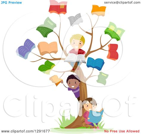 Clipart Of Happy School Children Playing At A Reading Book Tree