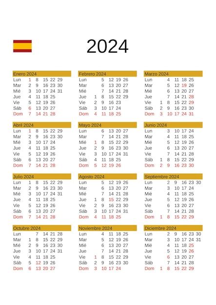 Calendario Del Año 2024 En Español Con Festivos En España Vector Premium