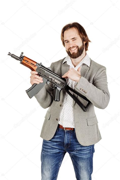 Photo Man Holding Machine Gun Man Holding A Machine Gun — Stock