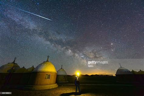 The Yurt Under The Milky Way Arch With Meteor High Res Stock Photo