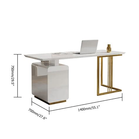 55 Modern White Office Desk With Side Cabinet And Drawer In Gold Base