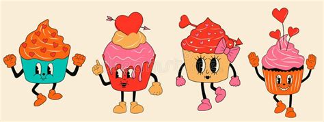 Retro Set Cupcake 30s Cartoon Mascots Characters Stock Vector