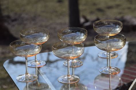 Vintage Light Amber Champagne Coupe Glasses Set Of 6 Vintage