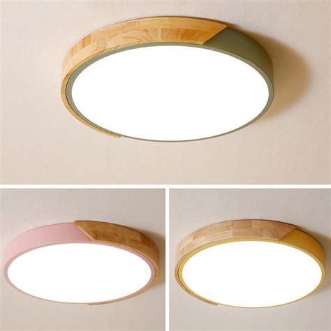 Offers bright light in 3 colors. LED Ceiling Lights Lamp Drum Shaped Wood Metal Acrylic ...