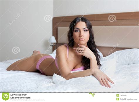 Young Brunette Woman Lying On Bed Stock Image Image Of