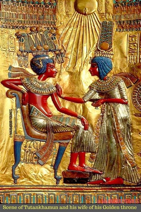 An Egyptian Painting With Two Women Sitting In Front Of A Gold Background And The Words Scene