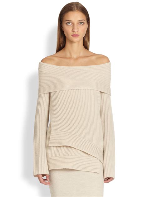 Donna Karan Cashmere Offtheshoulder Sweater In Natural Lyst