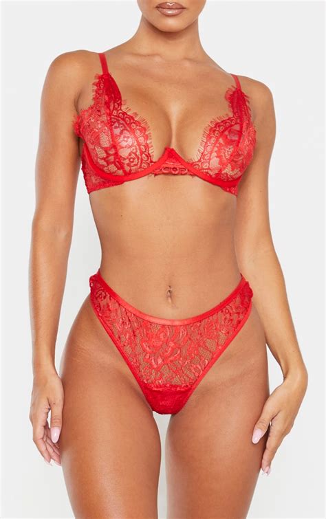 Red Floral Lace Thong Lingerie Prettylittlething