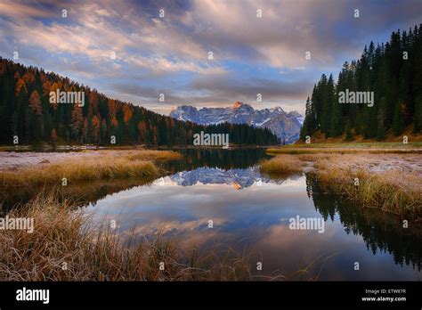 Italy Dolomites Belluno Misurina Lake With Mountain Sorapiss At