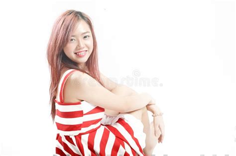 Asia Pretty Girl Red White Dress Sit Floor Stock Photos Free