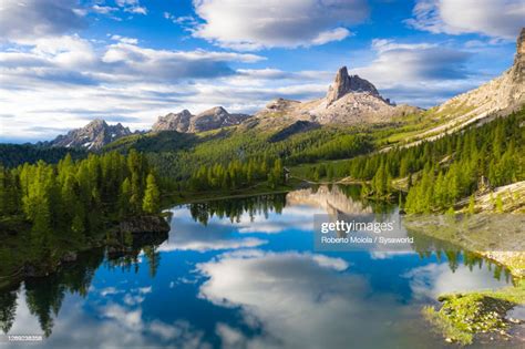 Becco Di Mezzodi Mirrored In Lake Federa Dolomites Italy High Res Stock
