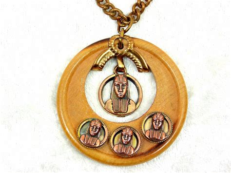 King Tut Necklace Wooden Medallion Egyptian Style Images Etsy
