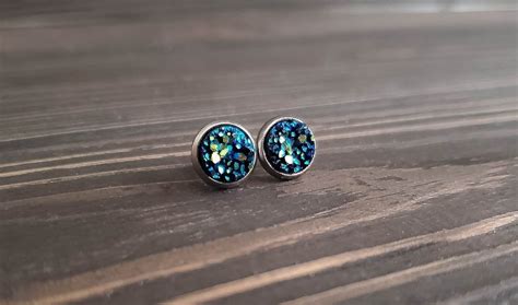 Small Titanium Blue Druzy Earrings 8mm