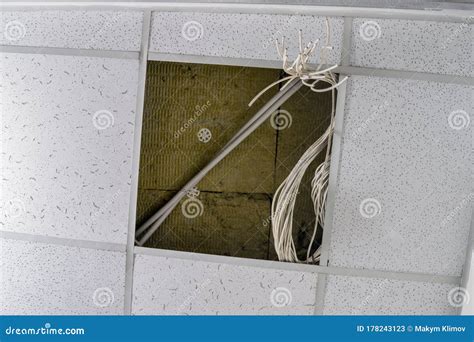 A Bunch Of White Wires Hang From The Suspended Ceiling Technological
