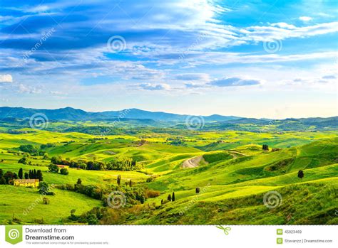 Tuscany Rural Sunset Landscape Countryside Farm White Road An Stock