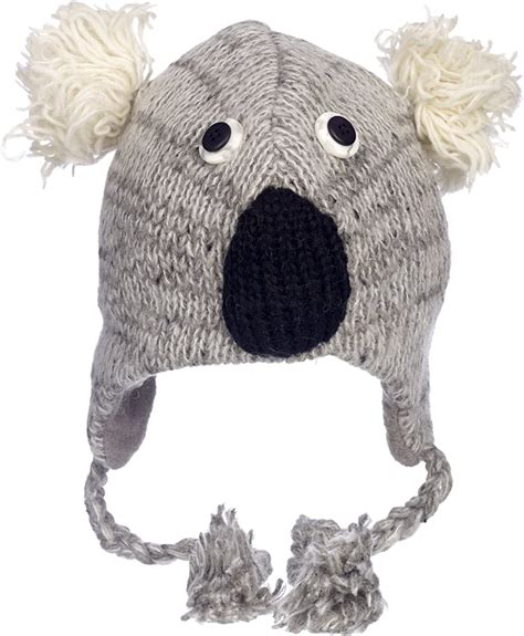 Hand Knitted Woolly Hat Grey Koala Fun Wool Knit Fleece Lined