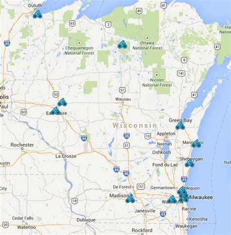 A Map Shows The Locations Of Many Different Areas In Wisconsin