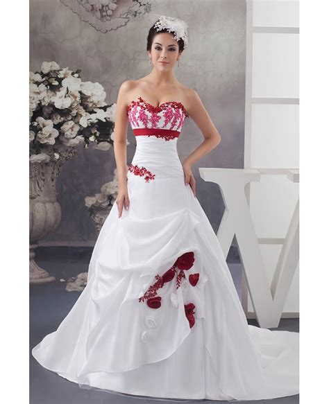 White And Red Flowers Taffeta Lace Color Wedding Dress