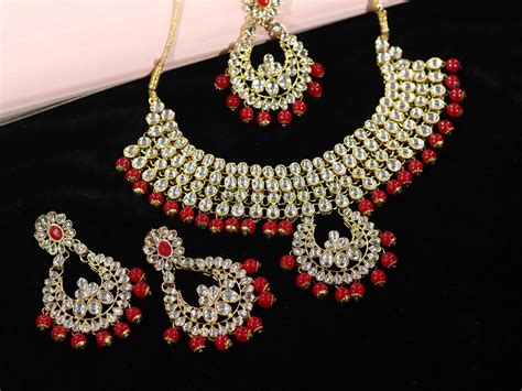 Polki Choker Necklace Set Indian Bridal Jewelry Pink Red White Etsy