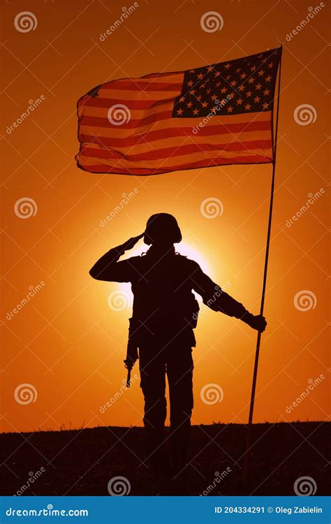 Usa Soldier With Flag Saluting On Sunset Horizon Stock Image Image Of