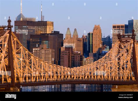 Usa New York Queensboro Bridge Manhattan Skyline Viewed From Stock