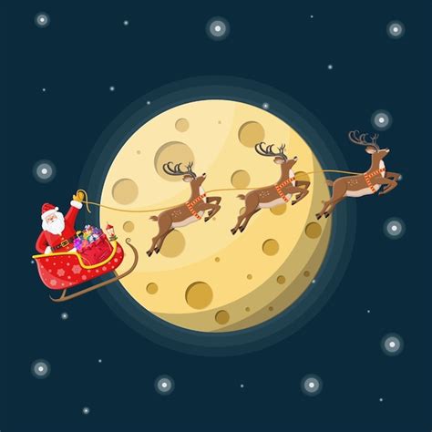 Santa Claus En Trineo Lleno De Regalos Y Sus Renos Con Luna En El Cielo