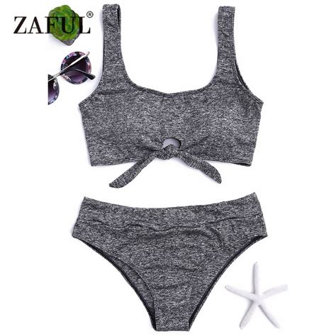 Zaful 2017 Women Front Tied Heathered Bikini Set Mid Waisted Sexy Scoop Neck Comfortable Style