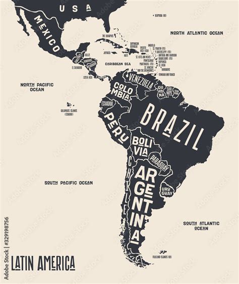 Vecteur Stock Map Latin America Poster Map Of Latin America Black And