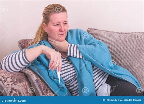 Sick Woman With Sore Throat And Fever Stock Image Image Of Sitting