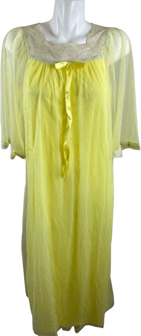 vintage 60 s canary yellow nylon chiffon maxi bell sleeves lace nightgown by s shop thrilling