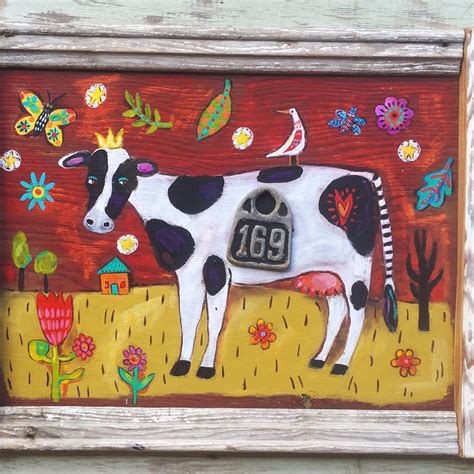 Funky Folk Art Cow Whimsy Art Cow Art Folk Art