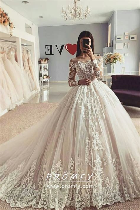 Off Shoulder Lace Long Sleeve Princess Wedding Gown Promfy