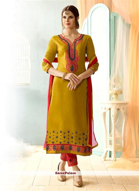Buy Unique Cotton Mustard Embroidered Work Straight Suit Online