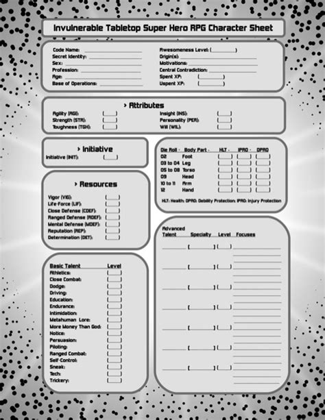 Invulnerable Rpg Character Sheet Pdf