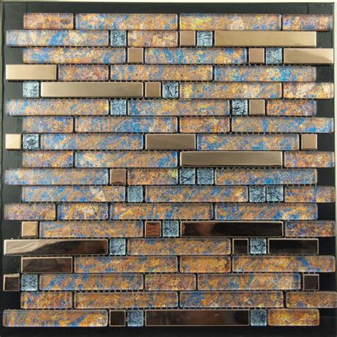 Metal And Glass Gold Stainless Steel Backsplash Wall Tiles Blue Crystal