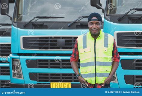African Young Man Owner Truck Driver Happy Smiling Confident Near Lorry