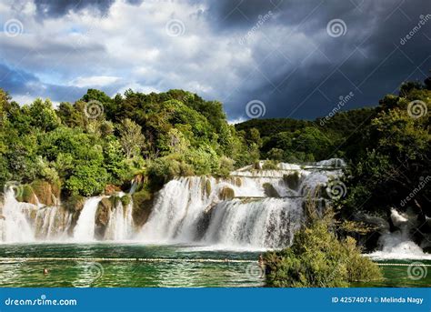 Long Exposure Panorama Of Waterfalls Of The Krka River In Krka National