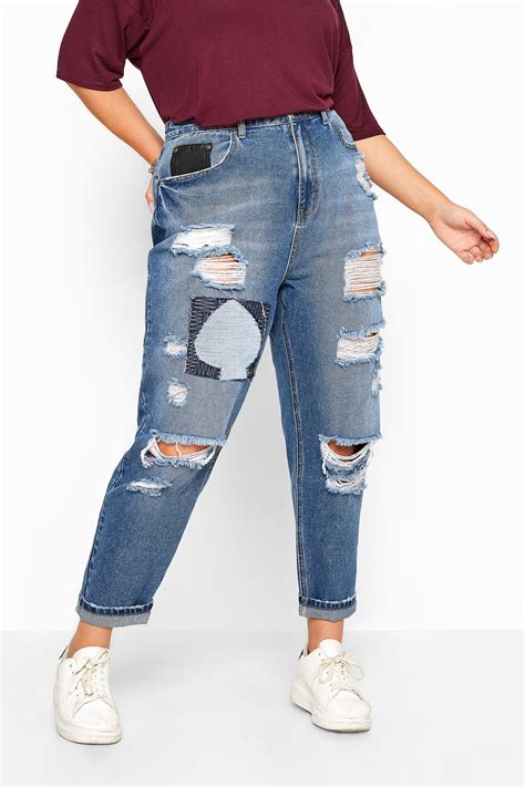 Mid Blue Extreme Ripped Patch Mom Jeans Yours Clothing