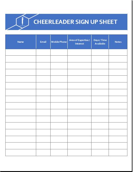 Cheerleader Sign Up Sheet Template Excel Templates