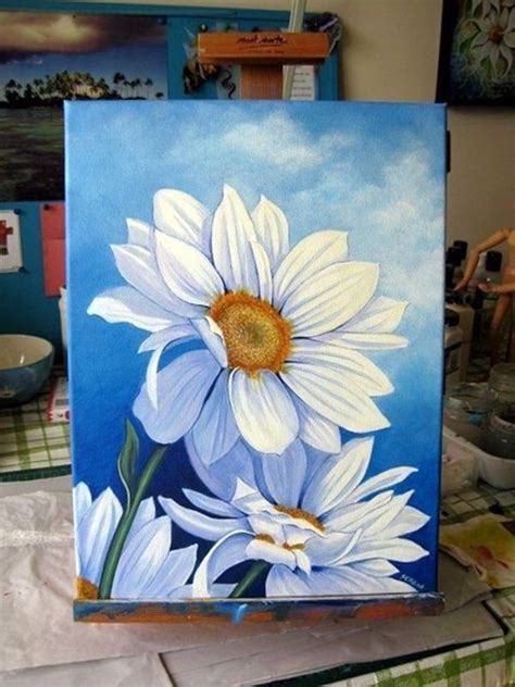 A Painting Of White Daisies On A Blue Background With Other Paintings