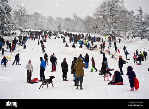 People And Families Enjoying The Snow In Richmond Park West London Uk