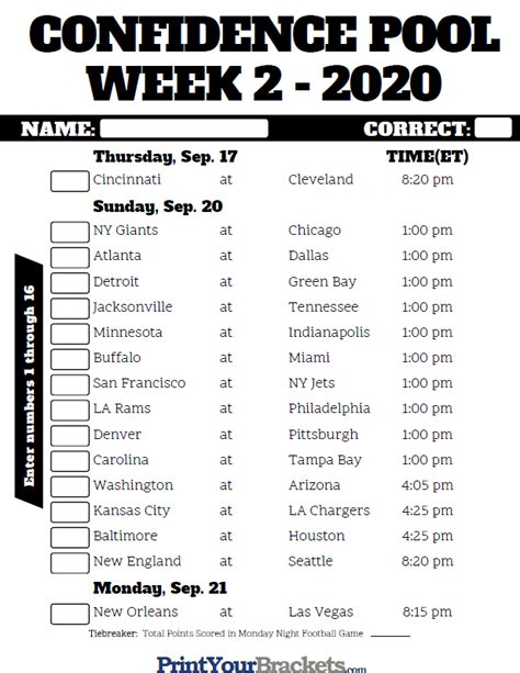 Thursday, september 17th, 2020 at 8:20pm et. NFL Week 2 Confidence Pool Sheet 2020 - Printable