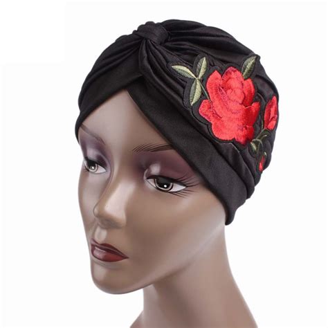 Indian Muslim Bandanas Women Rose Embroidery Turban Headwear Bonnet